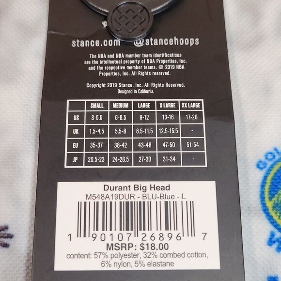 Kevin Durant Golden State Warriors Stance Men's Big Head Crew Novelty Socks- NWT - Picture 6 of 6